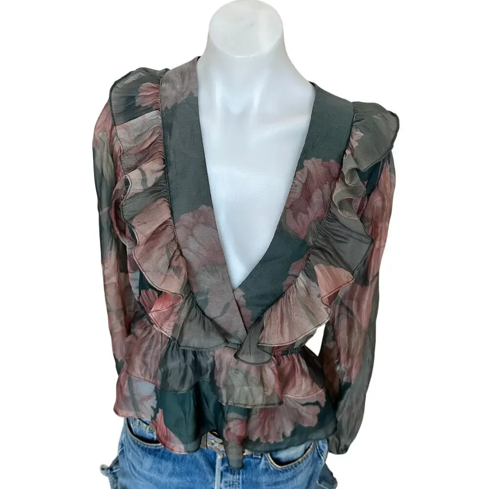 Hutch Hunter Green Chiffon Ruffle Top MEDIUM Cottage Fall Romantic Designer $180 - Picture 6 of 10